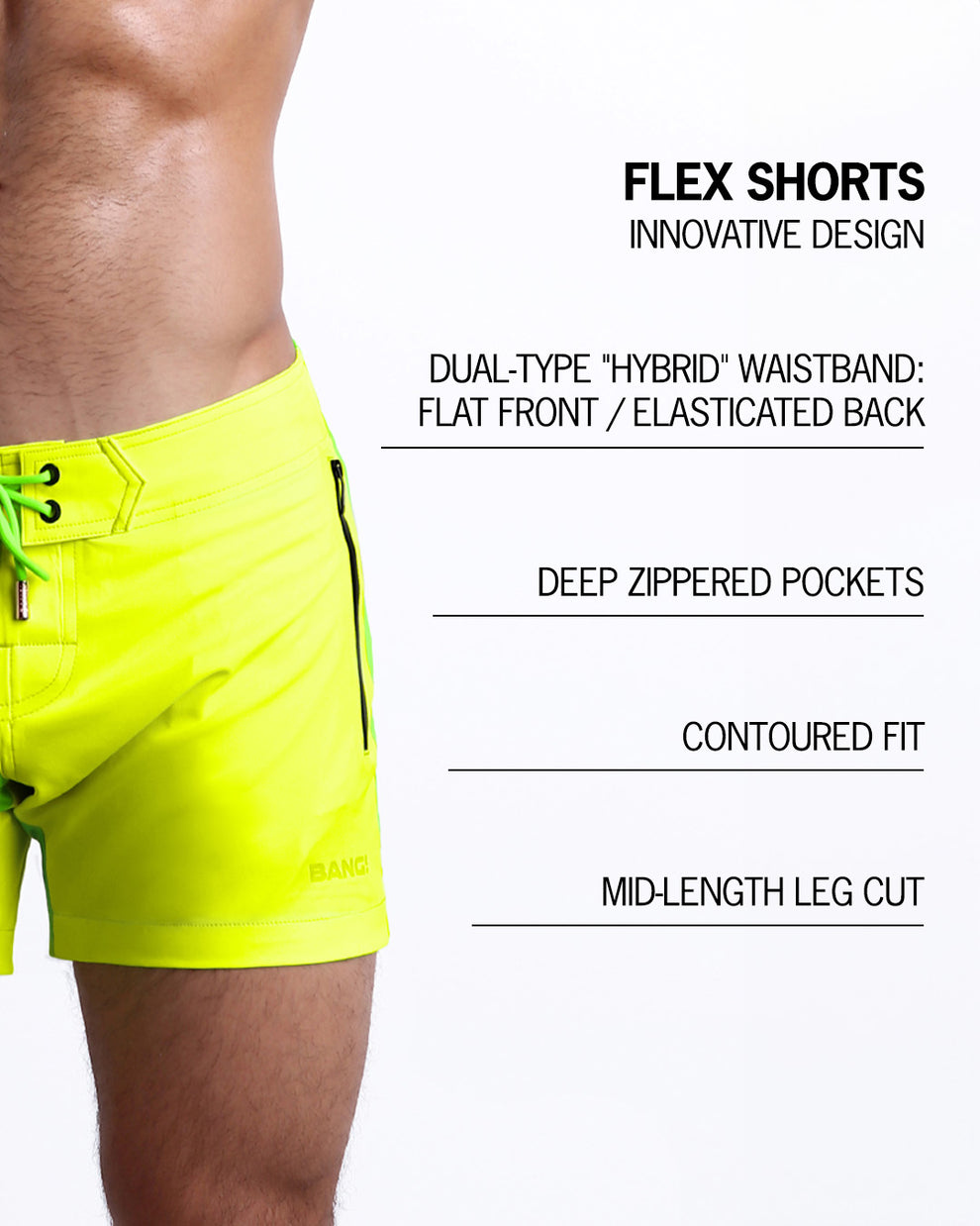 Infographic explaining the innovative design of the FLEX SHORTS. They're dual-type "hybrid" waistband, deep zippered pockets, contoured fit and mid-length leg cut by BANG! Clothes based in Miami.