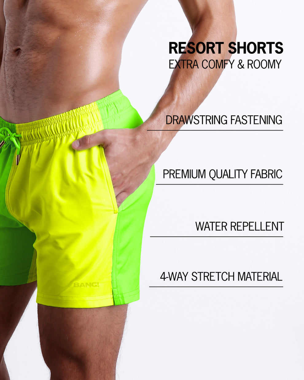 Infographic explaining how extra comfy and roomy Resort Shorts. They have drawstring fastening, quality fabric, quick-dry, water repellent, 4-way stretch material features of the resort shorts.