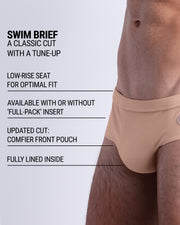 Infographic explaining the classic cut with a tune-up SKINNY DIP Swim Brief by DC2. These men swimsuit is low-rise seat for optimal fit, available with or without 'Full-Pack' insert, comfier front pouch, and fully lined inside.