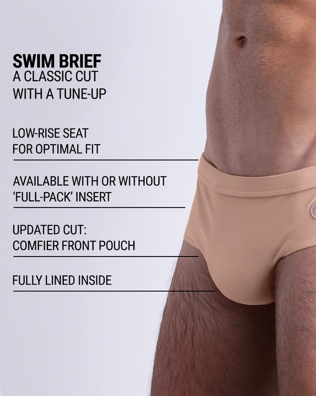 Infographic explaining the classic cut with a tune-up SKINNY DIP Swim Brief by DC2. These men swimsuit is low-rise seat for optimal fit, available with or without &