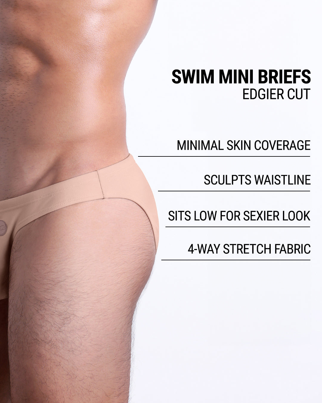 Infographic explaining the edgier cut of the Swim Mini Briefs. Features sculpt waistline, 4-way stretch fabric, sits low for sexier look, and has quick-dry material.