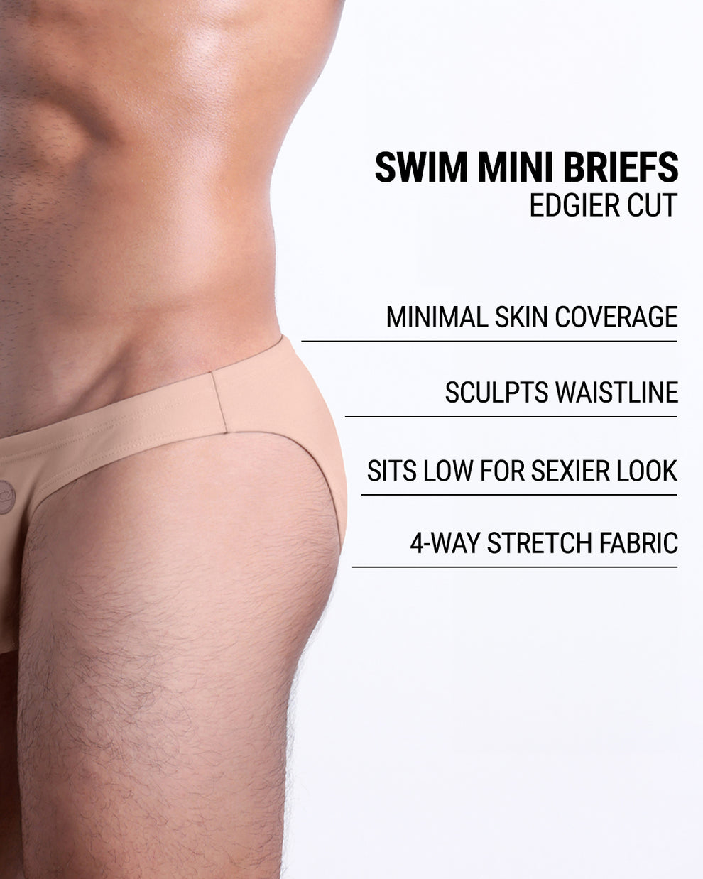 Infographic explaining the edgier cut of the Swim Mini Briefs. Features sculpt waistline, 4-way stretch fabric, sits low for sexier look, and has quick-dry material.