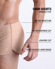 These infographics illustrate the features of the new DC2 Swim Shorts in SKINNY DIP. They have a retro-inspired cut, a low-rise design, and a brief-shaped liner inside, while the no-dig waistline ensures maximum comfort.