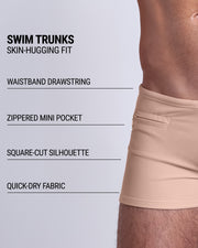 Infographic explaining the Swim Trunks swimming shorts by DC2. These Swim Trunks have a skin-hugging fit, have a waistband drawstring, zippered mini pocket, square-cut silhouette and quick-dry fabric.