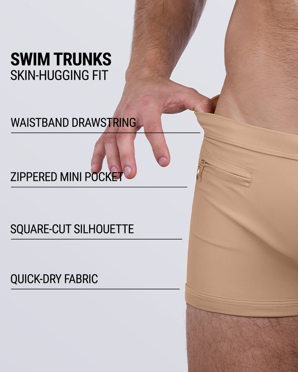 Tan nude SKINNY DIP (MEDIUM) square-cut swim trunks for men by DC2 Miami with gold zipper, quick-dry fabric, drawstring waist, and skin-hugging fit—highlighted in feature overlay.