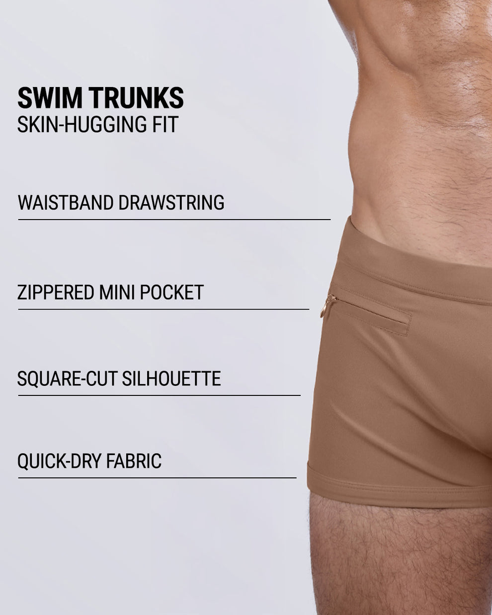 DC2 Miami SKINNY DIP TAN swim trunks shown from side angle with text overlay listing swimwear features like drawstring waist, mini pocket, square-cut fit, and quick-dry stretch fabric.