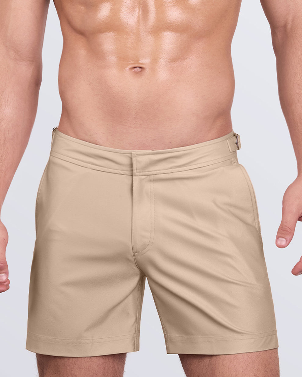DC2 Skinny Dip (Light) Tailored Shorts — close-up front view showing sleek fly and smooth premium fabric.