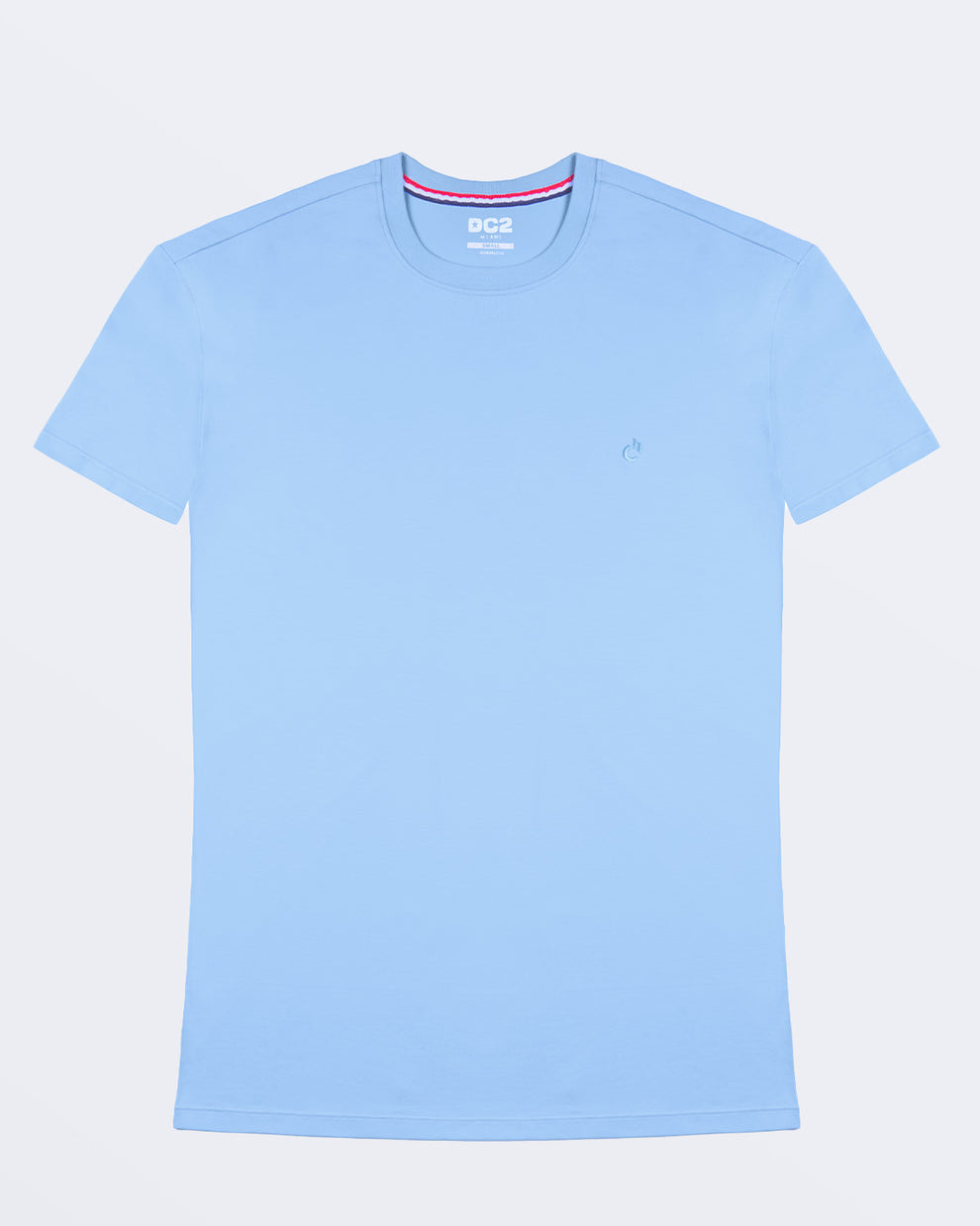Frontal view of a male model wearing a light blue color modal cotton t-shirt, crafted for stylish casual wear and beachwear by DC2 Miami. Premium quality men's streetwear t-shirt, perfect fit for summer fashion.