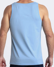 Back view of the SKY BLUE men's fitness breathable tank top made of modal cotton blend in a solid azure blue color by DC2 Miami menswear.