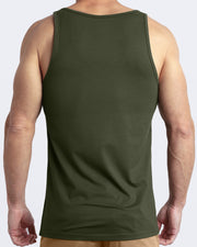 Back view of the SLICK GREEN men's fitness breathable tank top made of modal cotton blend in a green color by DC2 Miami menswear.