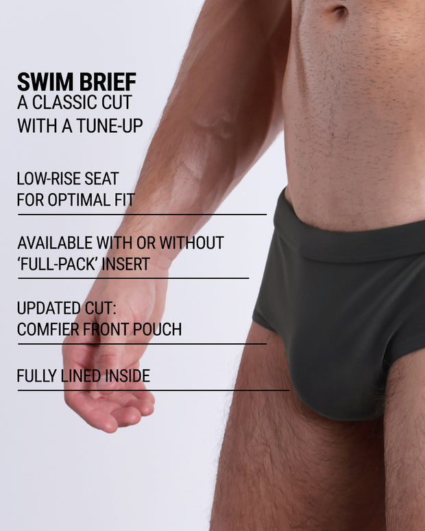 Infographic explaining the classic cut with a tune-up SLIM GREEN Swim Brief by DC2. These men swimsuit is low-rise seat for optimal fit, available with or without &
