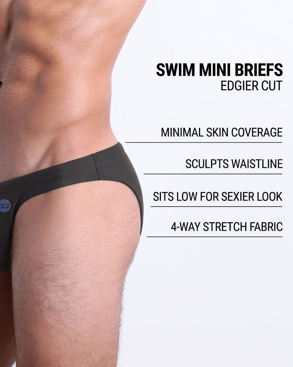DC2 Slim Green Swim Mini Brief fit details — minimal skin coverage, low-rise sexy fit, sculpted waistline, and 4-way stretch fabric.