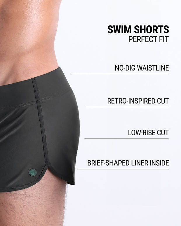 These infographics illustrate the features of the new DC2 Swim Shorts in SLIM GREEN. They have a retro-inspired cut, a low-rise design, and a brief-shaped liner inside, while the no-dig waistline ensures maximum comfort.
