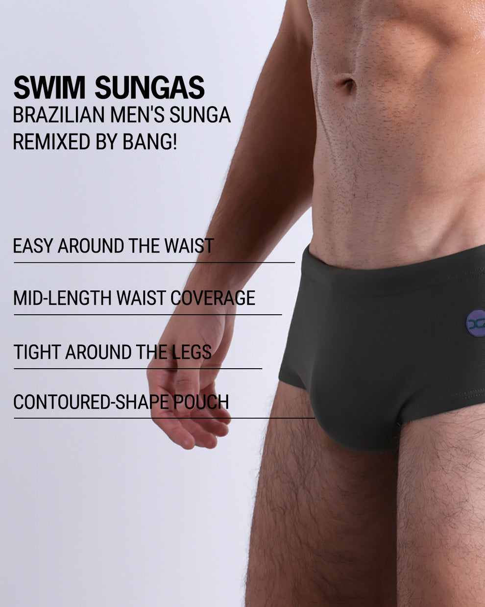 Infographic explaining the Brazilian Men's Swim Sunga remixed by BANG! These Swim Sunga are easy around the waist, are mid-length waist coverage, are tight around the legs, and have contoured-shape pouch.