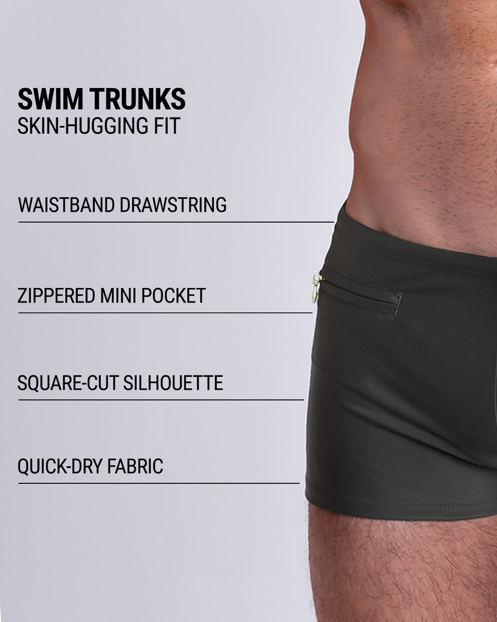 Product details graphic of SLIM GREEN Swim Trunks — showcasing zippered mini pocket, square-cut silhouette, and quick-dry performance fabric.