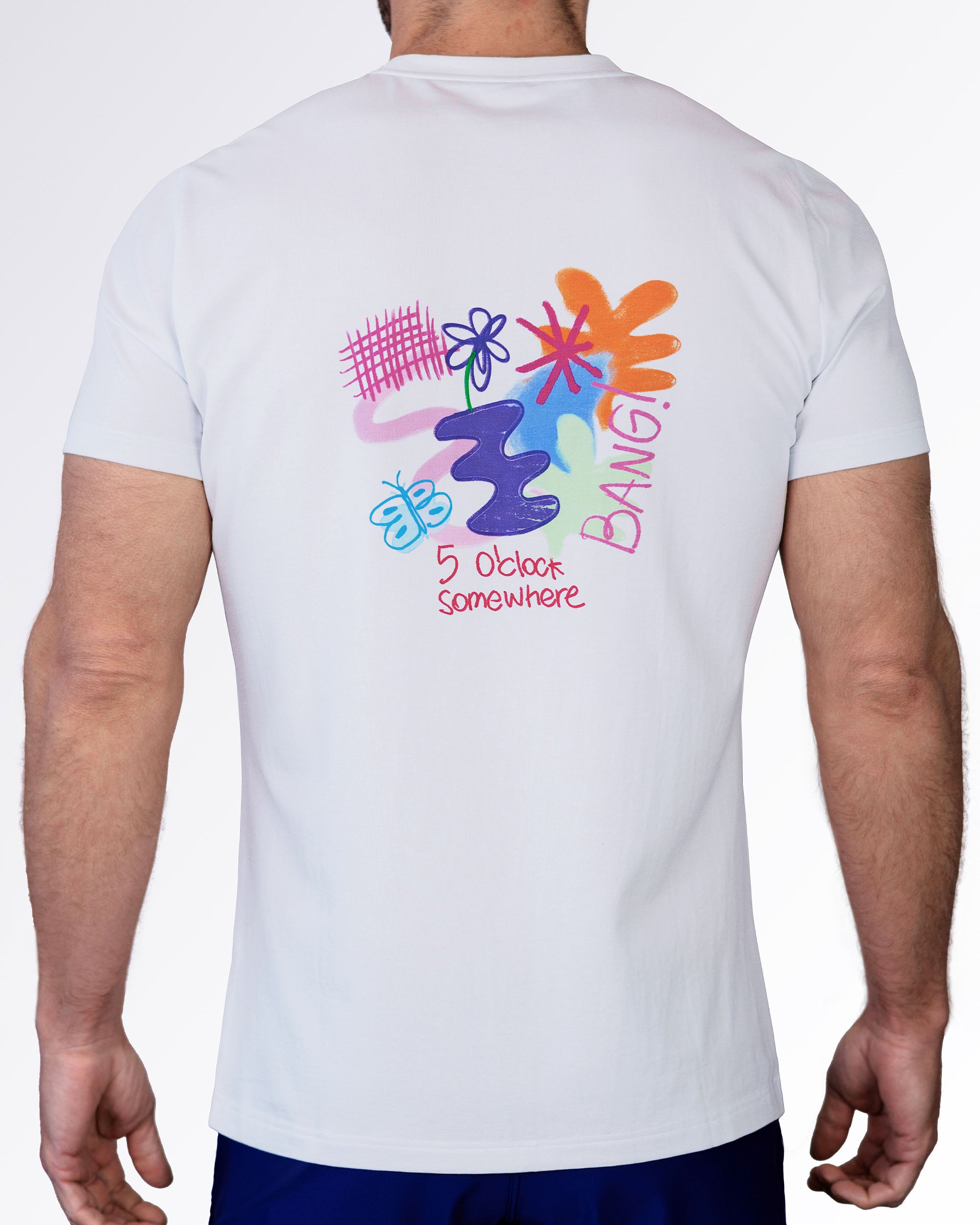 Back view of the Spill the Tee graphic T-shirt by BANG! Miami featuring a bold oversized abstract artwork, premium short sleeve fit, and modern casual streetwear.