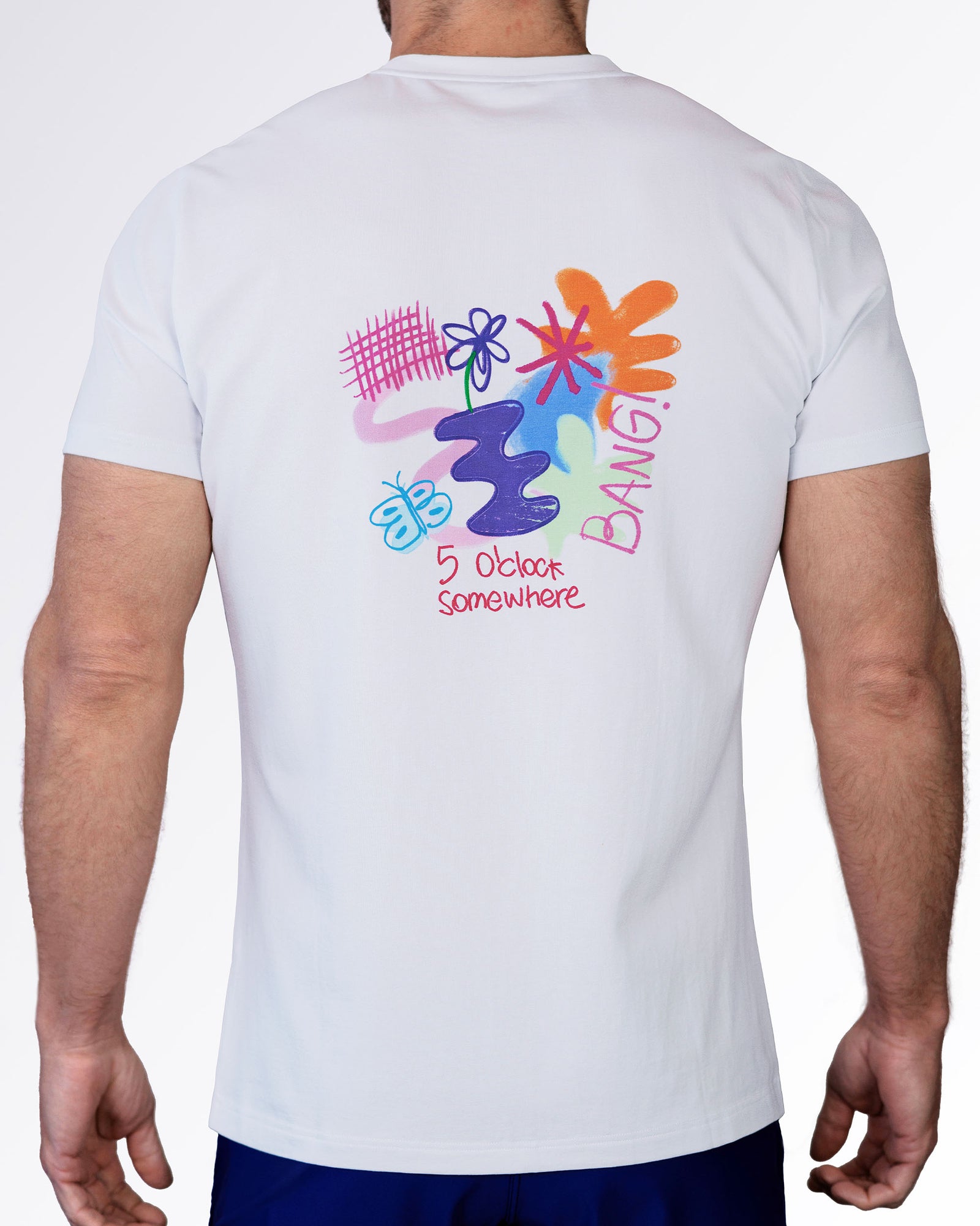 Back view of the Spill the Tee graphic T-shirt by BANG! Miami featuring a bold oversized abstract artwork, premium short sleeve fit, and modern casual streetwear.