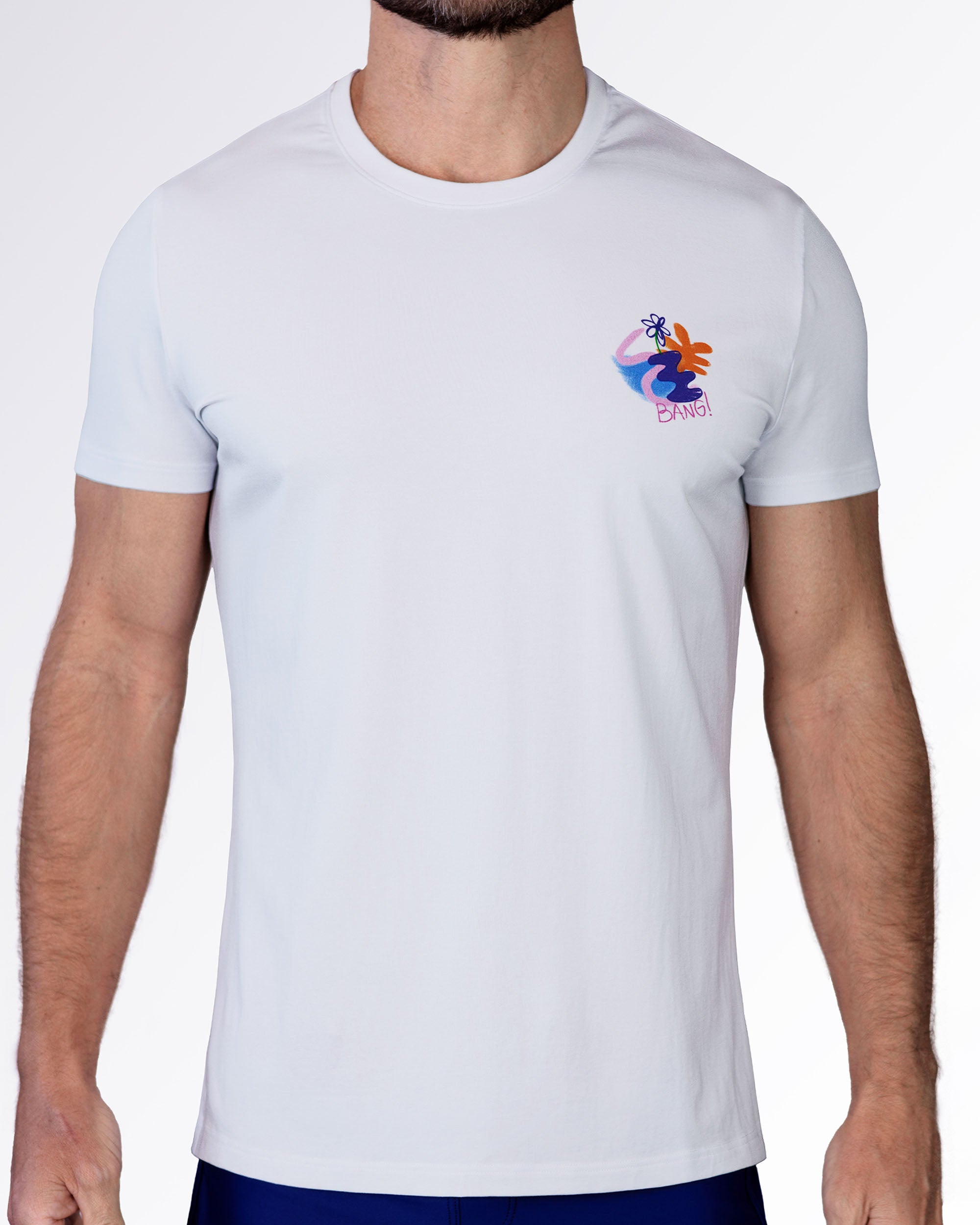 BANG! Miami Spill the Tee graphic T-shirt in white with a colorful abstract chest print, lightweight men's resort tee for summer outfits and vacation style.