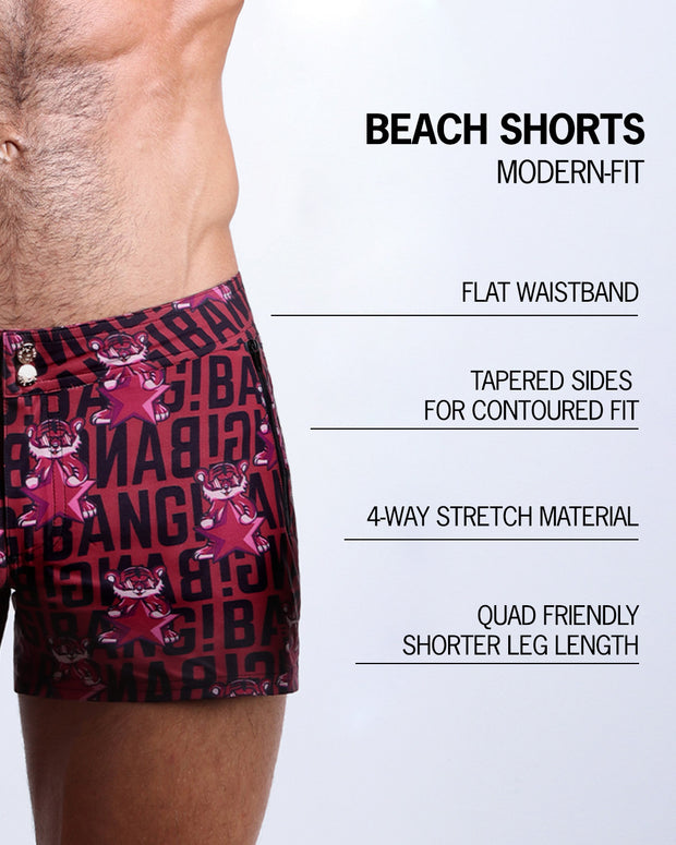 Infographic explaining the many features of these modern fit  STARSTRUCK Beach Shorts by BANG! Clothes. These swimming shorts have a flat waistband, tapered sides for a contoured fit, 4-way stretch material, and quad-friendly leg length. 