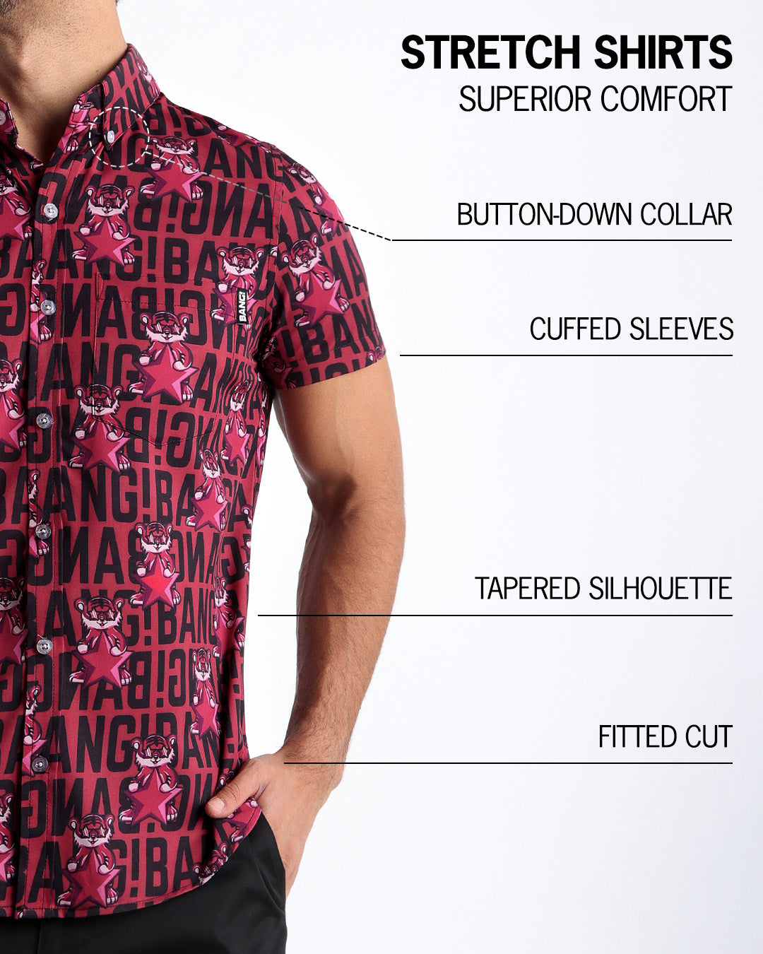 An infographic explaining the features of the men’s sleeveless Hawaiian Stretch Shirt. The shirt offers superior comfort, a fitted cut, tapered silhouette, cuffed sleeves, and a button-down collar.