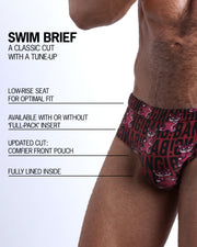 Infographic explaining the classic cut with a tune-up of the Swim Briefs. Features low-rise seat for optimal fit, available with or without 'full-pack' insert, updated cut with comfier front pouch and are fully lines inside.