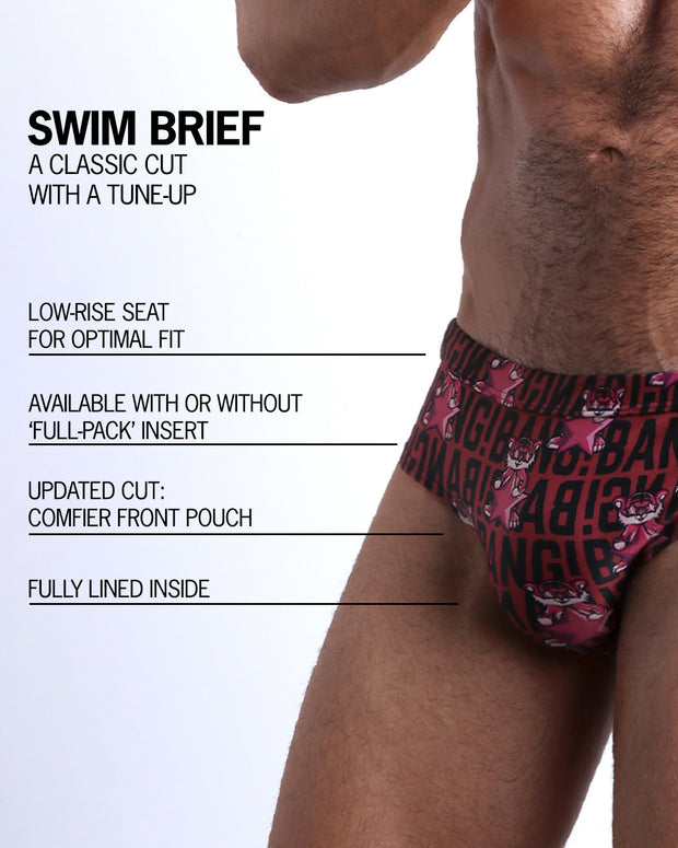Infographic explaining the classic cut with a tune-up of the Swim Briefs. Features low-rise seat for optimal fit, available with or without &