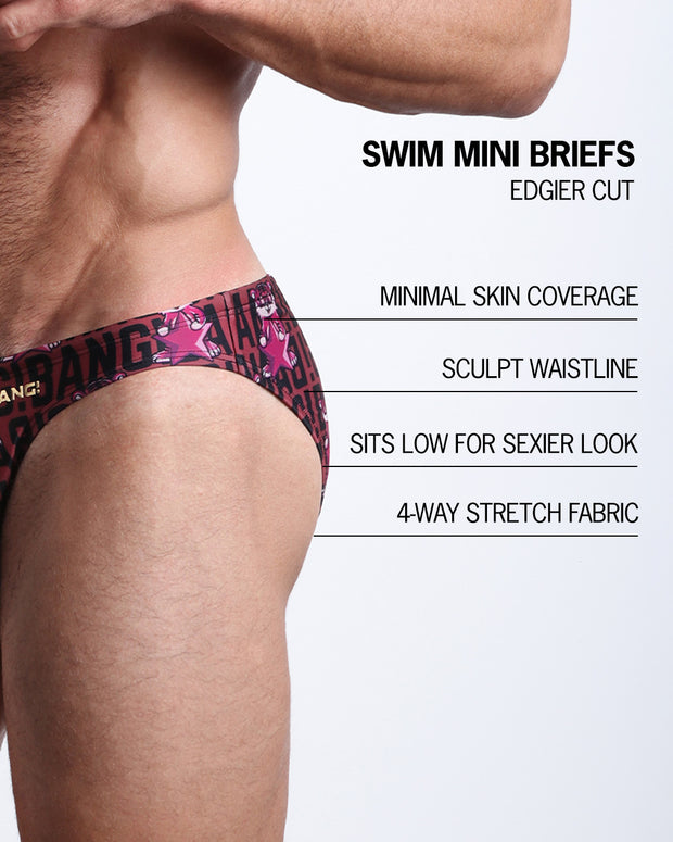 Infographic explaining the edgier cut of the Swim Mini Briefs. Features sculpt waitline, 4-way stretch fabric, sits low for sexier look, and has quick-dry material.