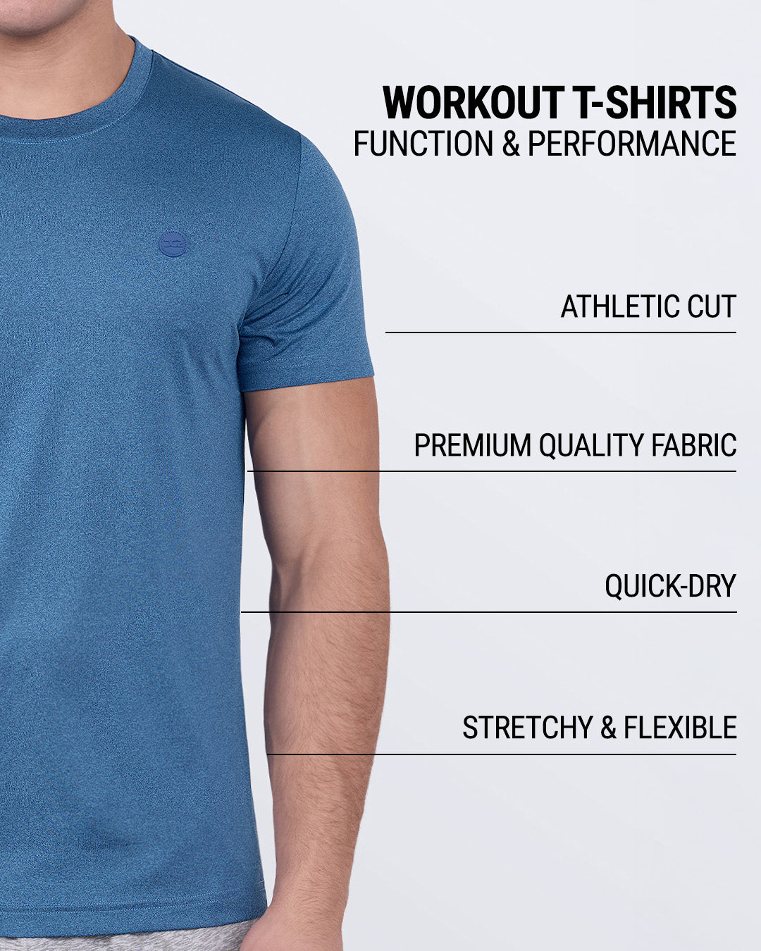 Product feature graphic of STEEL BLUE Fitness T-shirt — detailing athletic cut, quick-dry tech, stretchy performance fabric, and premium quality feel.