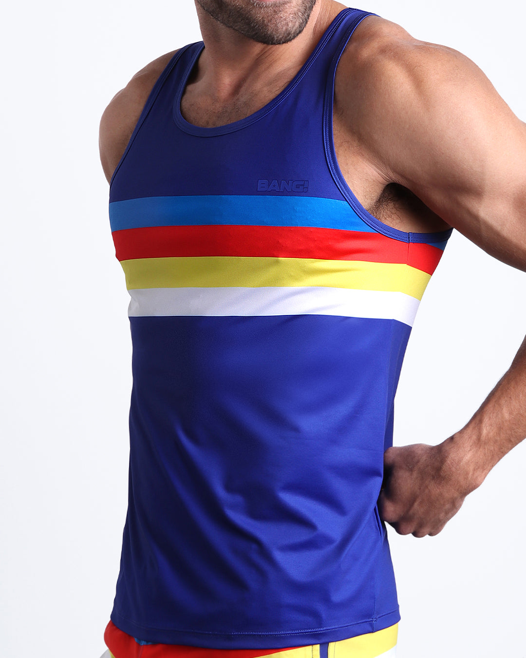 Side view of men's blue casual tank top with color stripes, made by the Miami-based Bang! Clothes with official logo of Bang! Brand. 