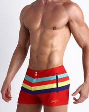Side view of model wearing Stripe'A'Pose ROUX men’s beach shorts by the Bang! Clothes brand of men's beachwear from Miami.