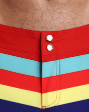 Close-up view of model wearing Stripe'A'Pose ROUX men’s beach shorts by the Bang! Clothes brand of men's beachwear from Miami.