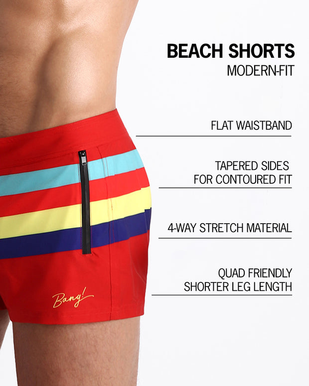 Infographic explaining the many features of these modern fit BEACH SHORTS by BANG! Clothes. These swimming shorts have flat waistband, tapared sides for a contoured fit, 4-way stretch material, and are quad friendly leg length. 