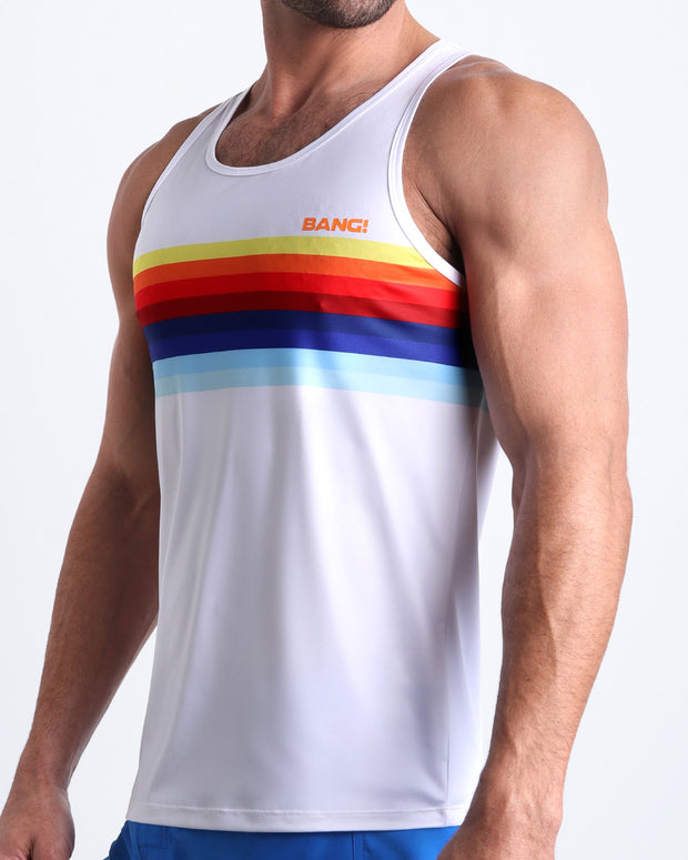 Side view of the STRIPES ON 45 casual tank top for men in solid white and vintage 80s stripes Bang! Clothing of Miami.