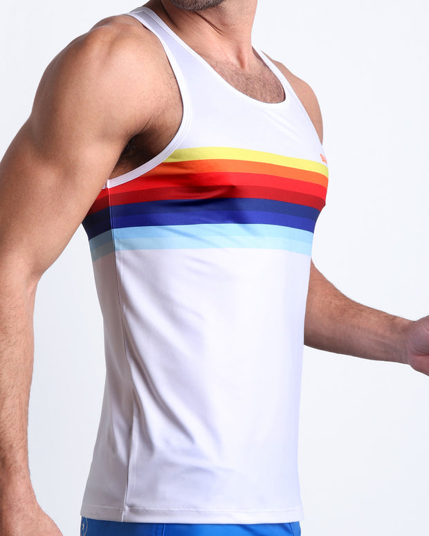 Side view of the STRIPES ON 45 casual tank top for men in solid white and vintage 80s stripes Bang! Clothing of Miami.