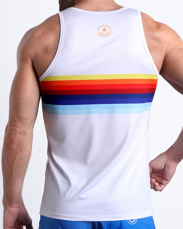 Back side of the STRIPES ON 45 men’s tank top in white with rainbow colored bands by Bang! 80s California Surfer Roller Skating culture