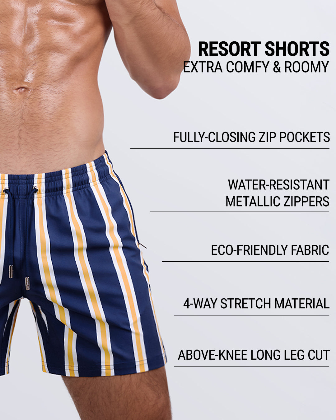 Detailed close-up of the SUN CHASING STRIPES Resort Shorts by DC2 Miami, highlighting key features: roomy, above-the-knee leg cut, elastic waistband with an adjustable drawstring, fully-closing zip pockets, water-repellent fabric, metallic water-resistant zippers, and high-quality four-way stretch material.