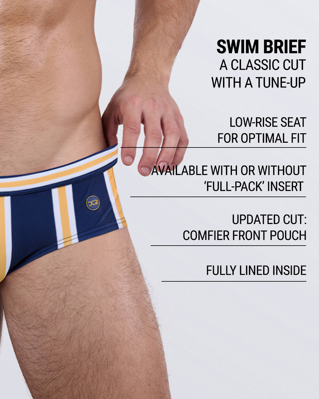 Swim Brief fit breakdown – features include low-rise seat, optional full-pack insert, updated comfy pouch design, and full inner lining.
