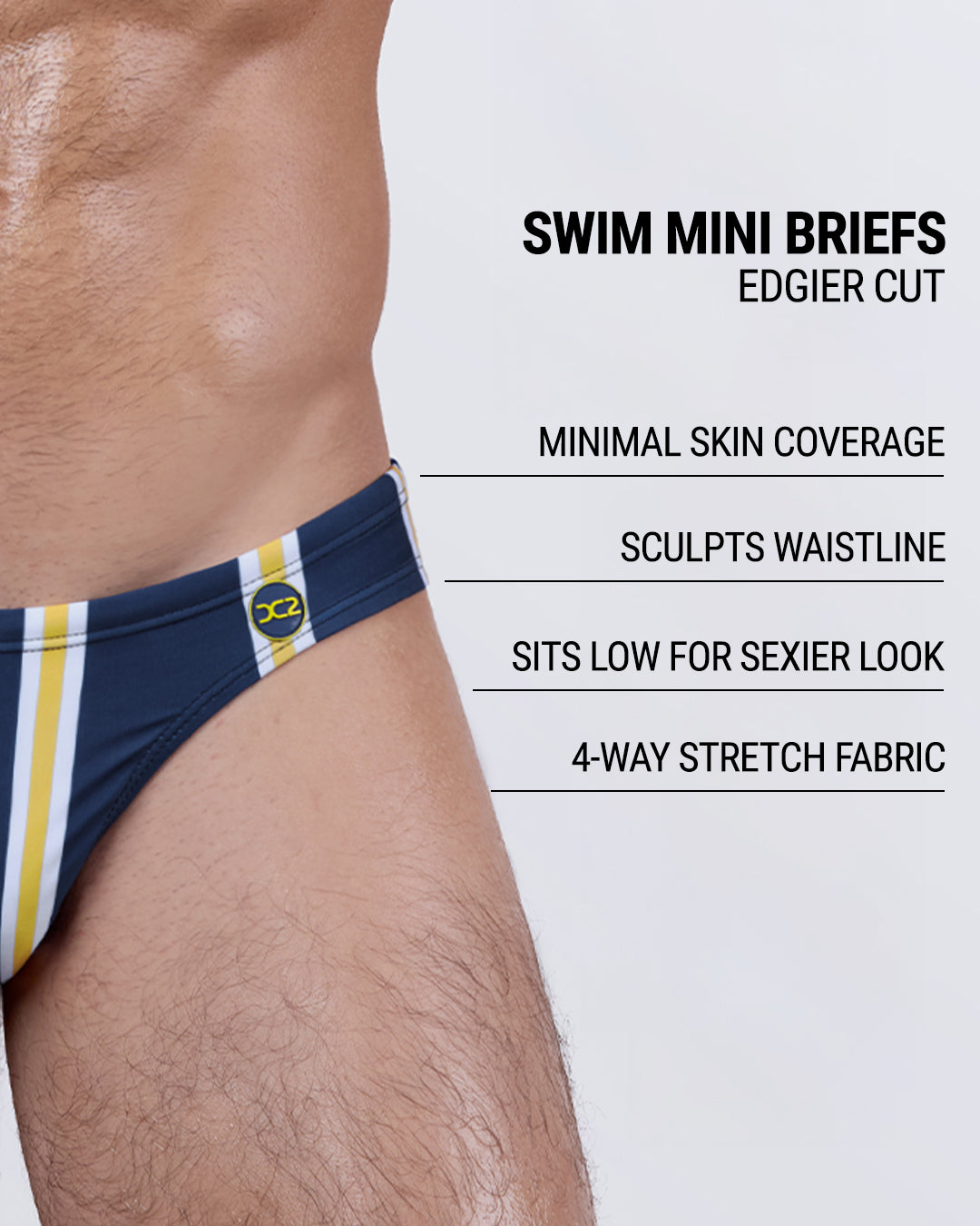 Infographic explaining the edgier cut of the Swim Mini Briefs. Features sculpt waistline, 4-way stretch fabric, sits low for sexier look, and has quick-dry material.