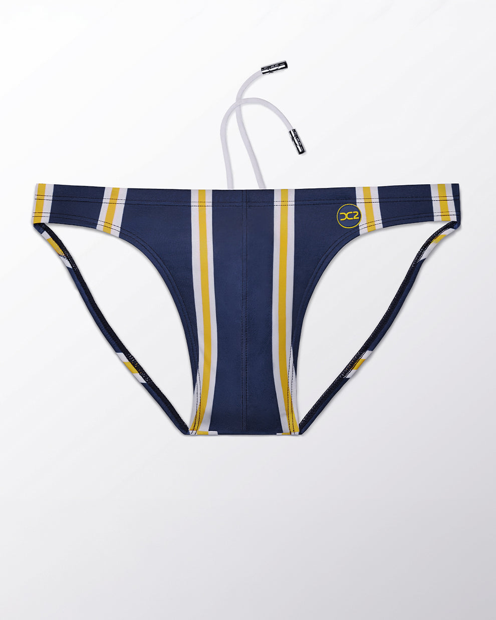 Ghost flat lay of the Sun Chasing Stripes Swim Mini Brief, showcasing the striped print and low-rise mini brief silhouette.