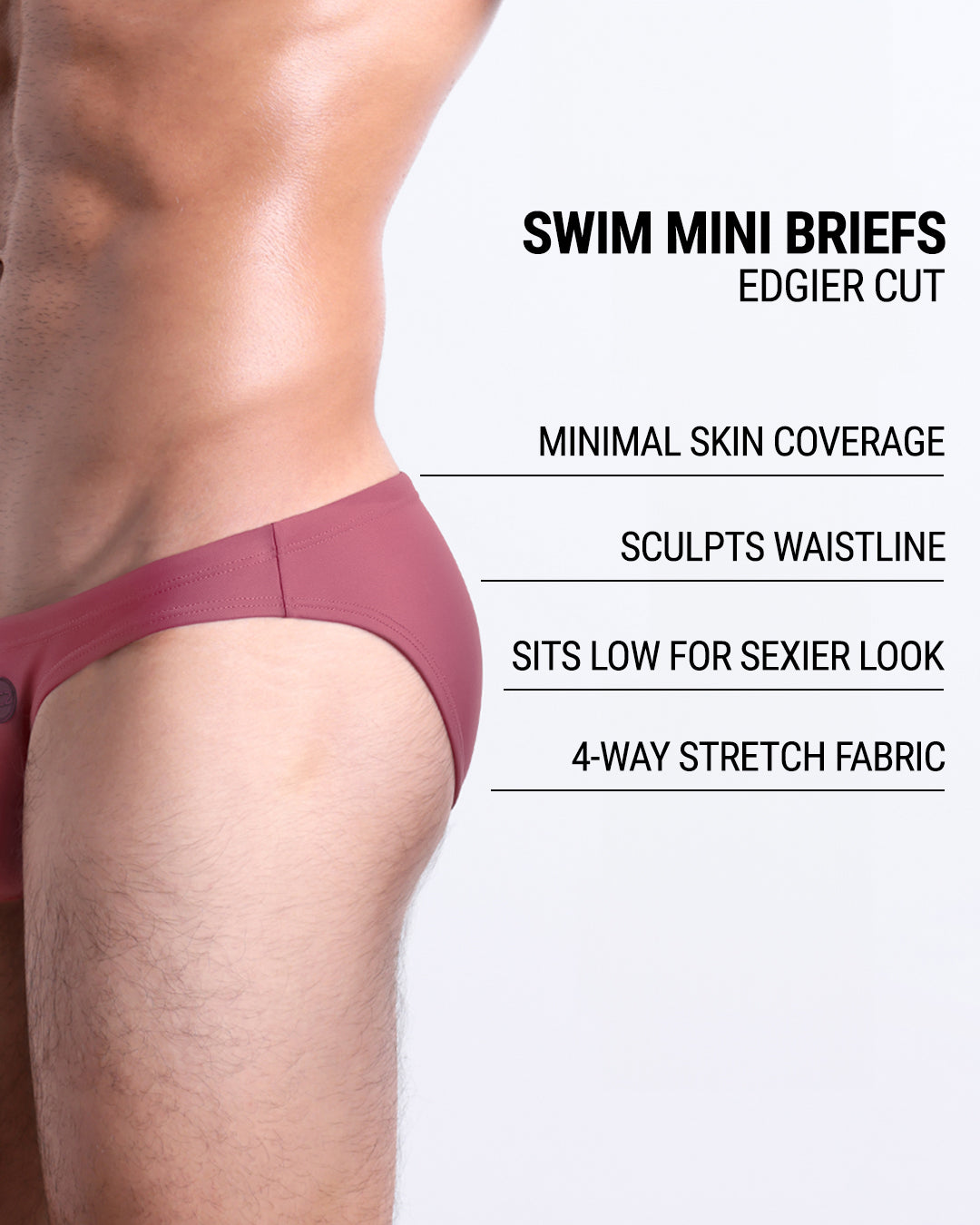 Infographic explaining the edgier cut of the Swim Mini Briefs. Features sculpt waistline, 4-way stretch fabric, sits low for sexier look, and has quick-dry material.