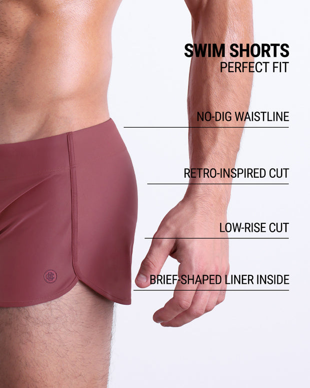 These infographics illustrate the features of the new DC2 Swim Shorts in SUN-KISSED RED. They have a retro-inspired cut, a low-rise design, and a brief-shaped liner inside, while the no-dig waistline ensures maximum comfort.
