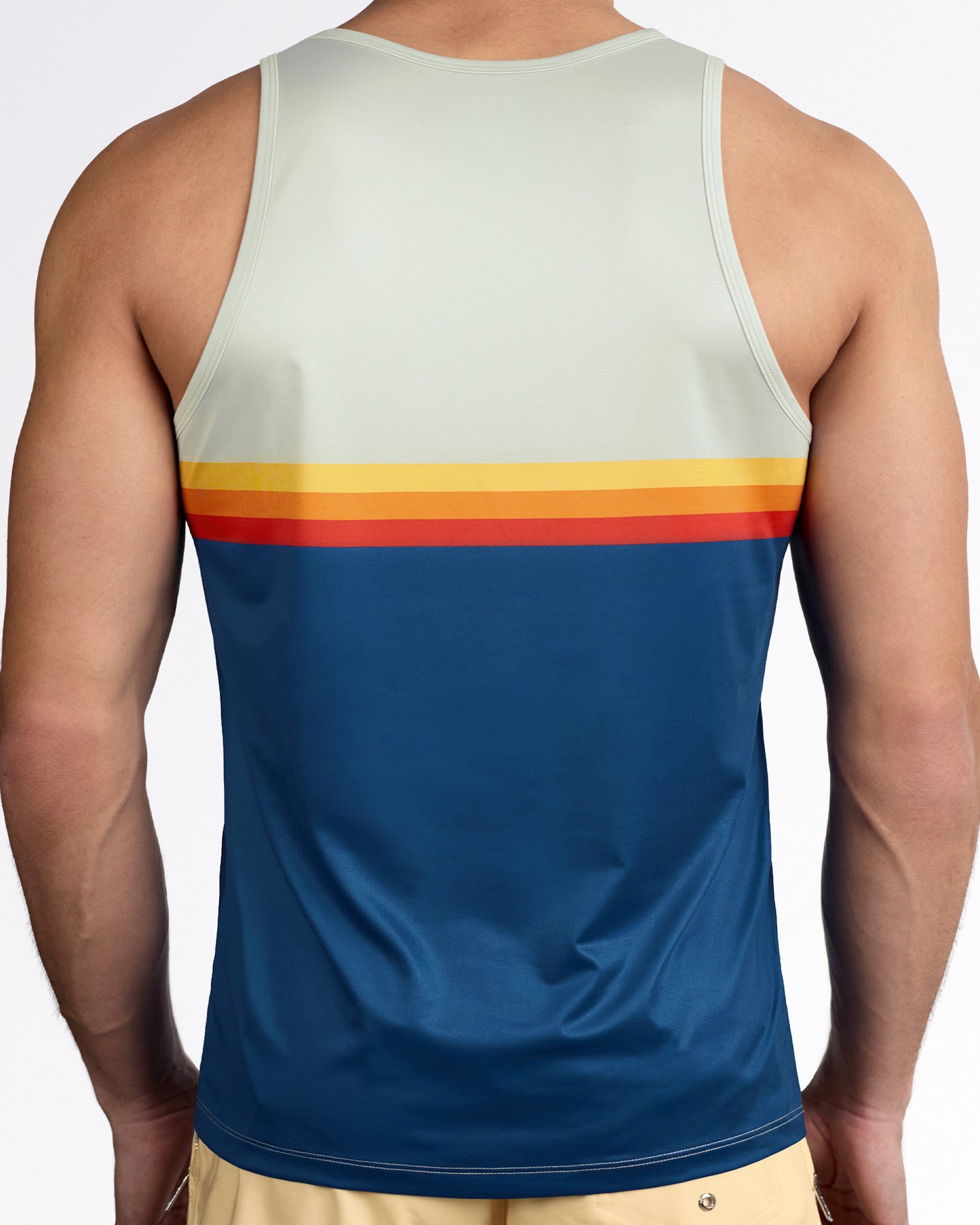 DC2 Sunset Stripes Gym Tank Top — back view highlighting horizontal retro-inspired stripe detail across the mid-back with athletic racerback cut.