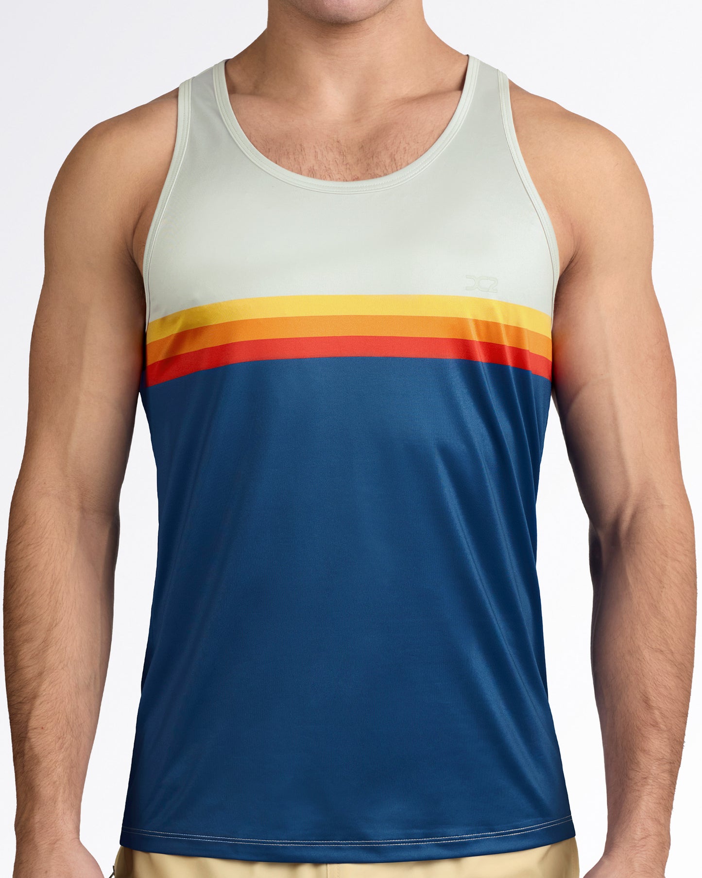 DC2 Sunset Stripes Gym Tank Top — front view showcasing tailored fit, smooth stretch performance fabric, and subtle DC2 chest logo.