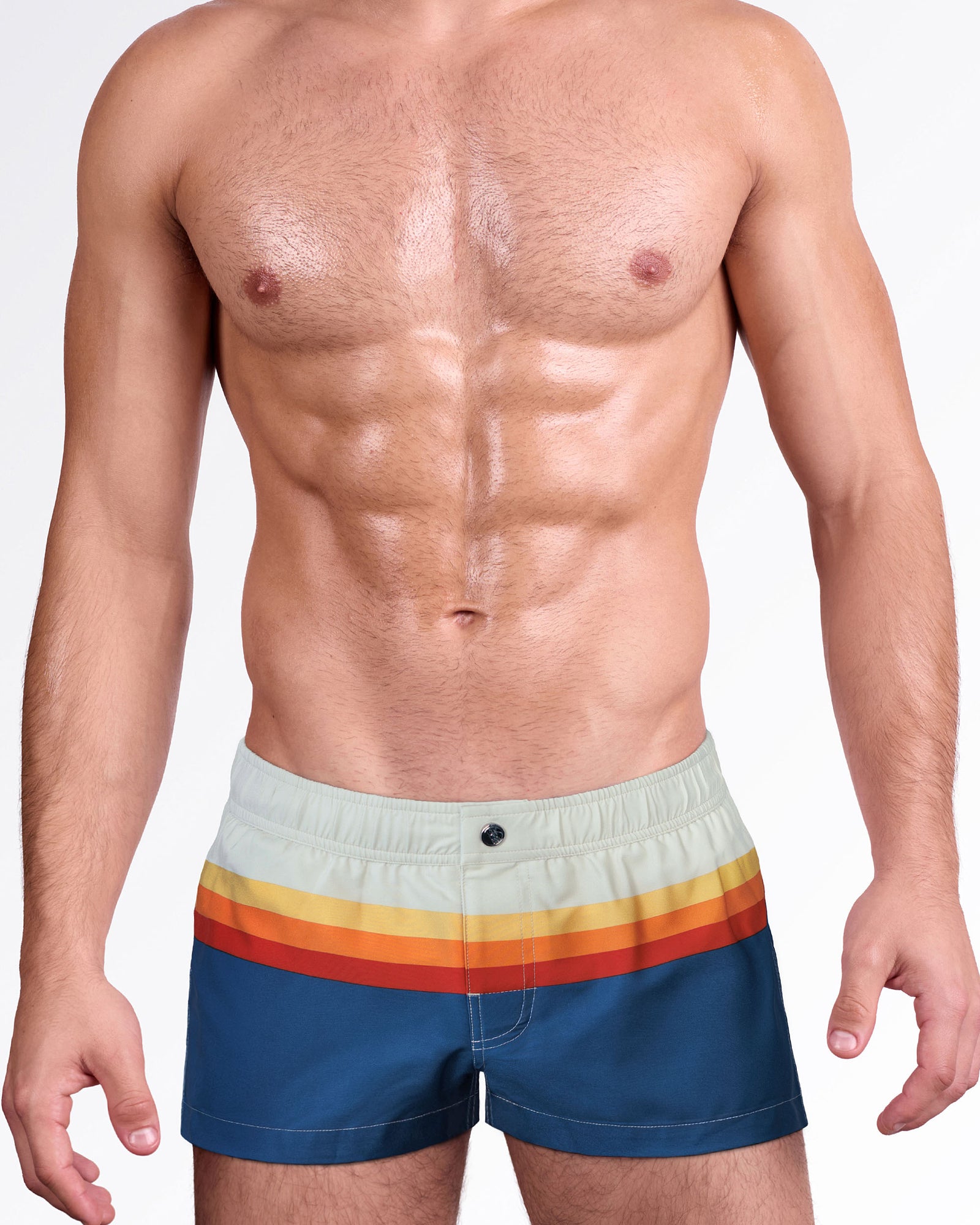 Sunset Stripes Mini Shorts by DC2 Miami featuring bold retro sunset stripes in orange, yellow, and red on deep blue with a modern low-rise swim fit.