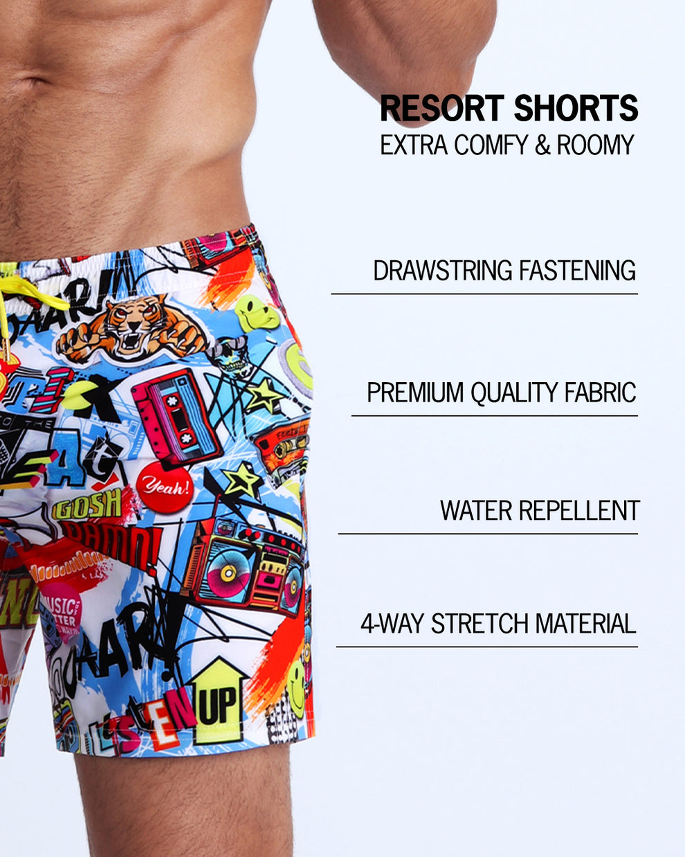 Infographic explaining how extra comfy and roomy Resort Shorts. They have drawstring fastening, quality fabric, quick-dry, 4-way stretch material features of the resort shorts. 