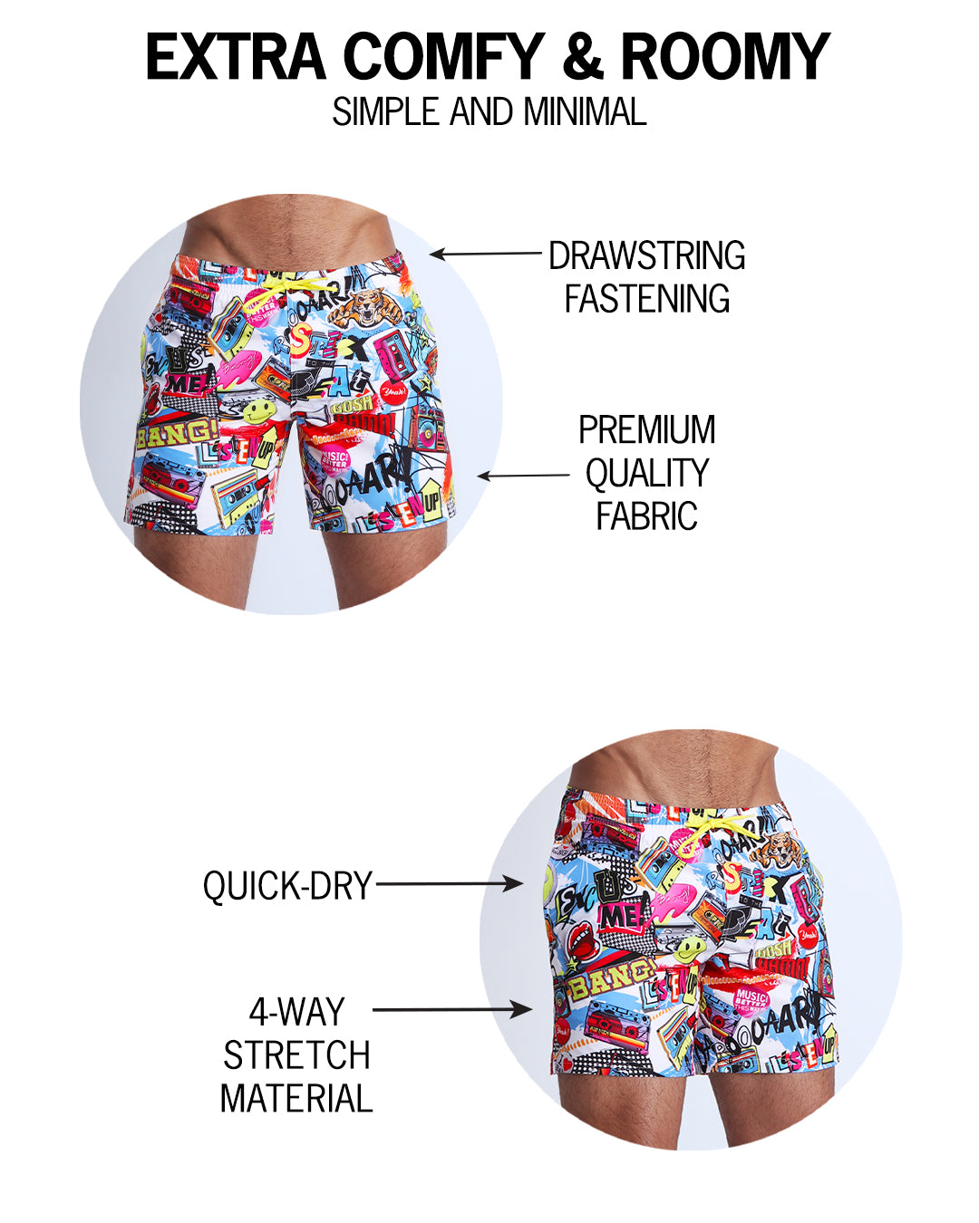 Infographic explaining shorter inseam and leg length on BANG Miami show shorts 2021 lgbtq premium fit designer quality