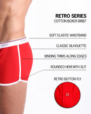 An infographic displays the premium quality of the Cotton Boxer Brief Retro Series. It features a soft elastic waistband, classic silhouette, binding trims along edges, round hem with slit, and a retro button fly.