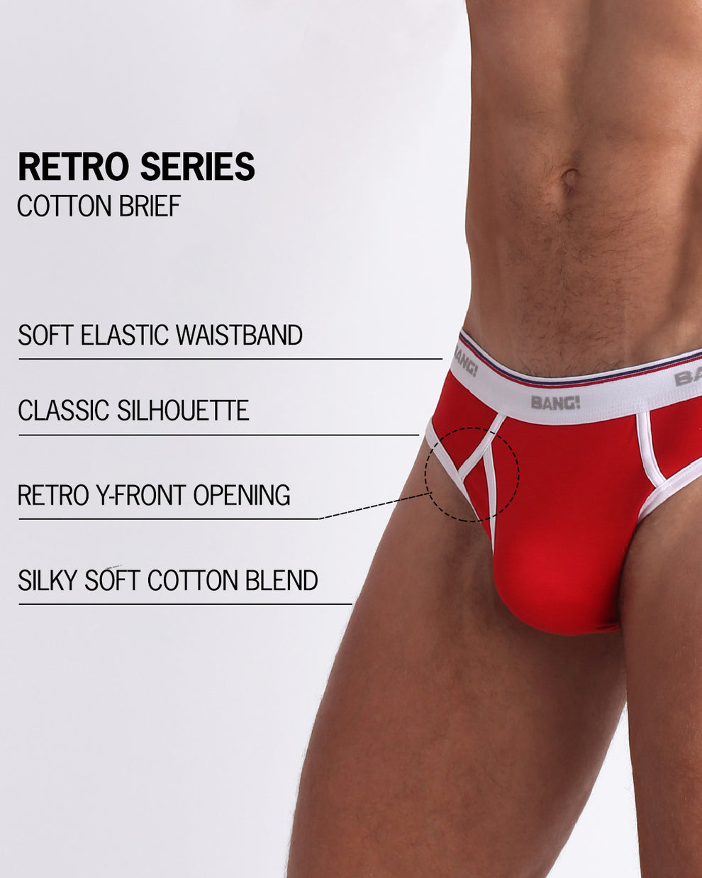 An infographic displays the premium quality of the Cotton Brief Retro Series. It features a soft waistband, classic silhouette, retro y-front opening, and a silky cotton blend.