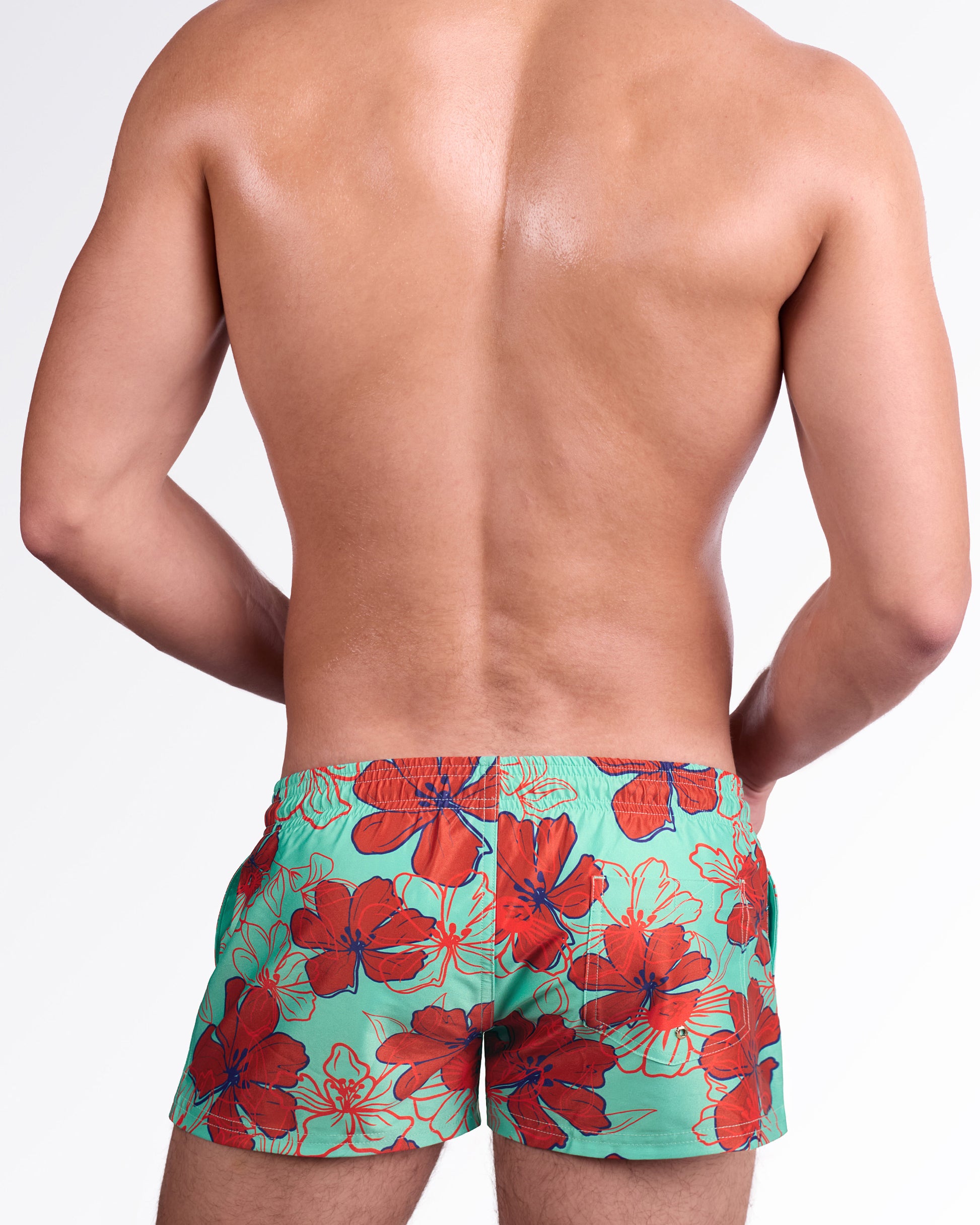BANG Surf Flowers (Aqua/Red) Show Shorts — back view showcasing the striking floral print and clean fitted silhouette designed for a sleek beach-ready look.