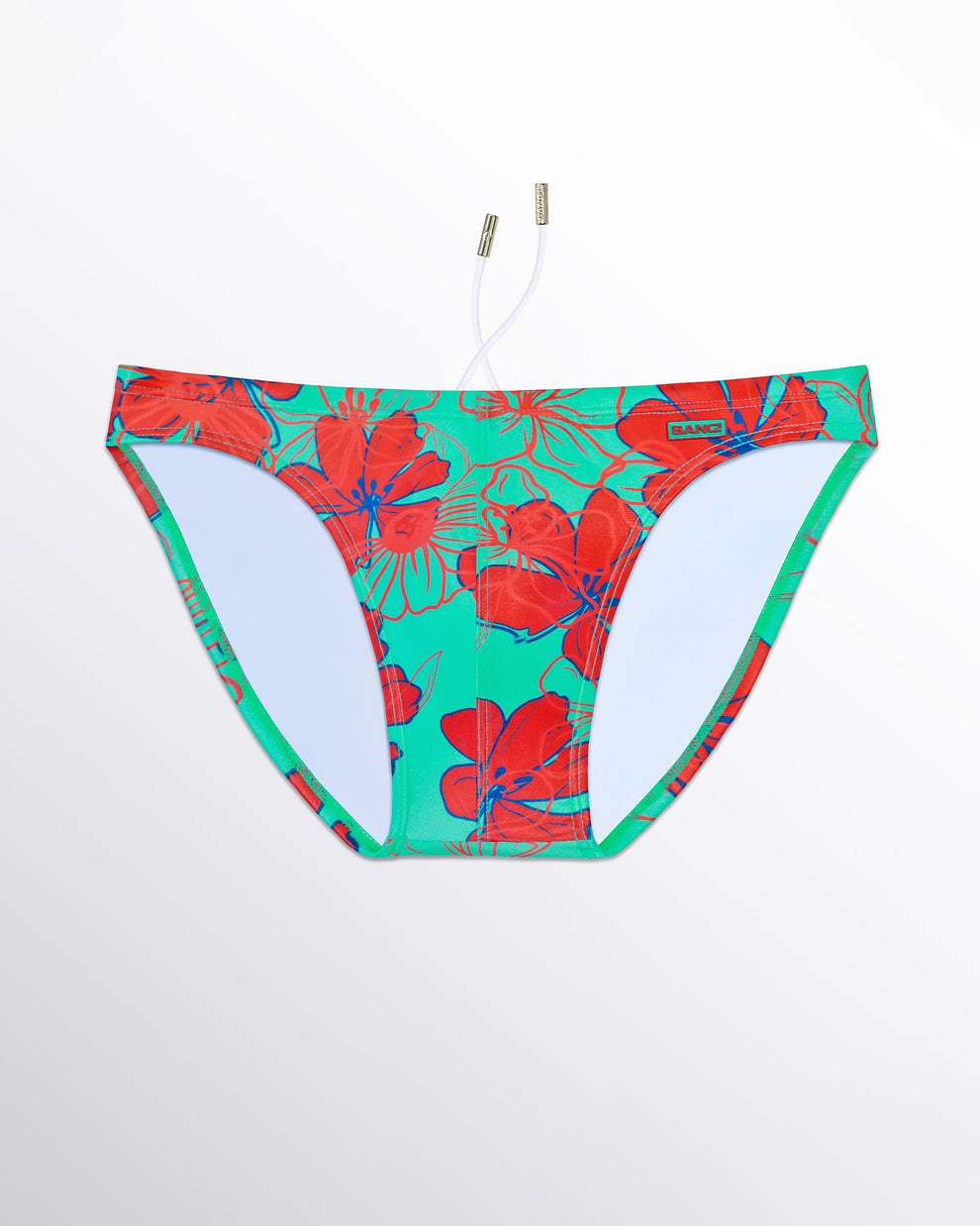 BANG! Miami Surf Flowers (Aqua/Red) Swim Mini Brief — flat lay of aqua green swim mini briefs with vibrant red tropical floral print and minimal side strap silhouette.